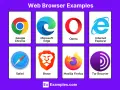 Przeglądarki internetowe lista: Google Chrome, Microsoft Edge, Opera, Internet Explorer, Safari, Brave, Mozilla Firefox, Tor Browser.