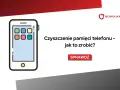 Ilustracja telefonu komórkowego z ikonami aplikacji. Tekst: "Czyszczenie pamięci telefonu – jak to zrobić?". Przycisk "Sprawdź".