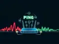 Router z ikonami symbolizującymi różne aktywności online, otoczony wykresami sygnału. Słowo "PING" świeci na zielono, sugerując szybkość połączenia.