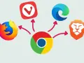 Ikony przeglądarek (Firefox, Vivaldi, Edge, Brave) otaczają logo Chrome, sugerując możliwości rozszerzeń na Androida.