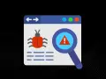 Wykryto wirus internetowy! Czerwony robak na ekranie przeglądarki, lupa z symbolem ostrzeżenia.