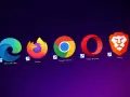 Ikony popularnych rodzajów przeglądarek internetowych: Microsoft Edge, Firefox, Google Chrome, Opera i Brave.