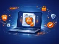 Laptop z dokumentem SSL i ikonami blokady, tarcz i potwierdzenia. Symbolizuje bezpieczeństwo online i protokół **SSL TLS**.