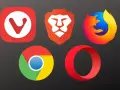 Ikony popularnych przeglądarek internetowych: Vivaldi, Brave, Firefox, Chrome, Opera. Wybierz najlepsze przeglądarki internetowe dla siebie.