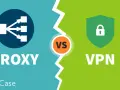 Porównanie różnych rodzajów VPN: Proxy vs VPN. Ikona przekierowania ruchu vs ikona tarczy z kłódką.