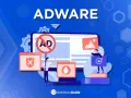 Ilustracja przedstawia walkę z **adware wirusem**. Ludziki blokują reklamy i chronią komputer przed zagrożeniami.
