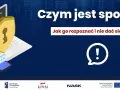 Grafika ilustruje, czym jest spoofing: laptop, telefon, tarcza z kluczem i hasło symbolizują bezpieczeństwo cyfrowe.