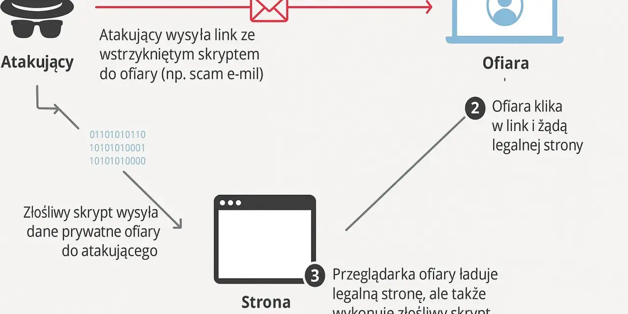 Schemat ataku XSS: atakujący wysyła link ze złośliwym skryptem, ofiara klika, przeglądarka wykonuje skrypt, dane ofiary trafiają do atakującego.