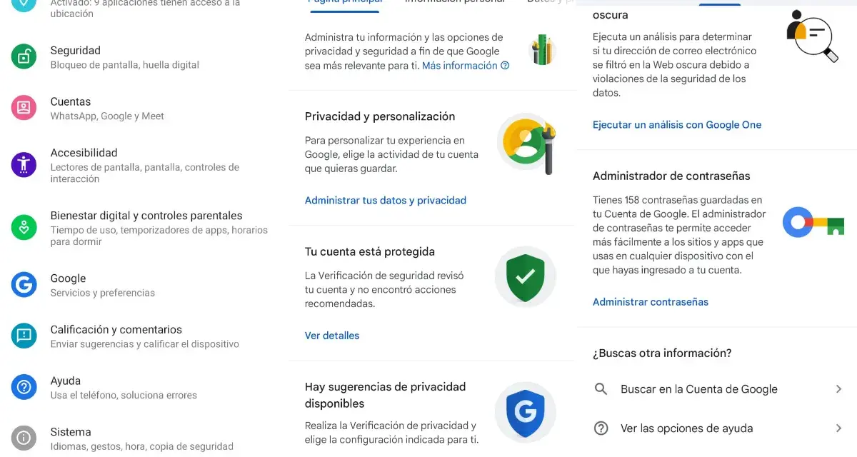 Gdzie są zapisane hasła? Na ekranie "Konto Google" w sekcji "Bezpieczeństwo" znajduje się "Administrator haseł", gdzie masz 158 zapisanych haseł.