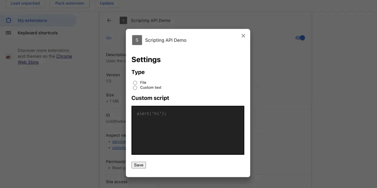 Ustawienia rozszerzenia "Scripting API Demo" w trybie deweloperskim, z polem na własny skrypt, zgodne z manifest v3.
