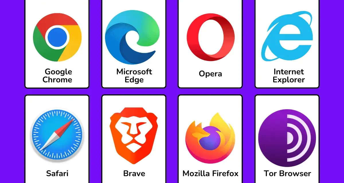Przeglądarki internetowe lista: Google Chrome, Microsoft Edge, Opera, Internet Explorer, Safari, Brave, Mozilla Firefox, Tor Browser.