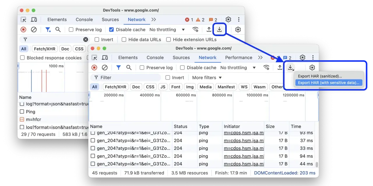 Narzędzie deweloperskie Chrome pokazuje opcję eksportu danych sieciowych. Synchronizacja zakładek Chrome jest kluczowa dla zachowania ustawień.