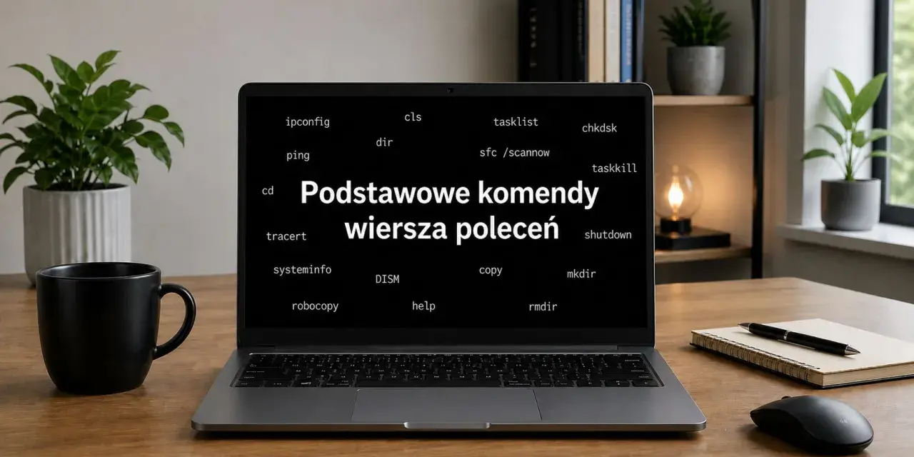 Laptop z wyświetlonymi komendami wiersza poleceń Windows, w tym ping, tracert i traceroute.