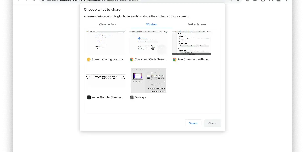 Okno dialogowe Chrome pozwala wybrać, co udostępnić. Widoczne są miniatury kart, w tym "Screen sharing controls" i "Chromium Code Search", przypominające historię przeglądania.
