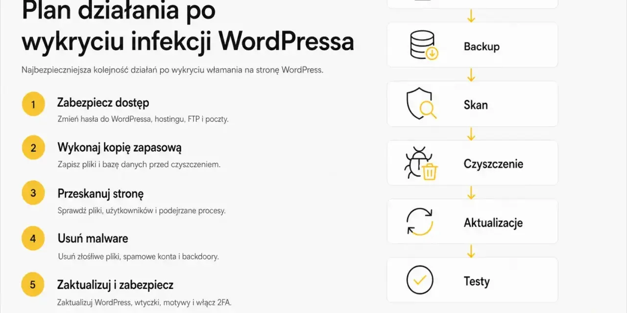 Plan działania po infekcji WordPressa: zabezpiecz dostęp, backup, skanuj, usuń malware (w tym backdoory), aktualizuj i testuj.