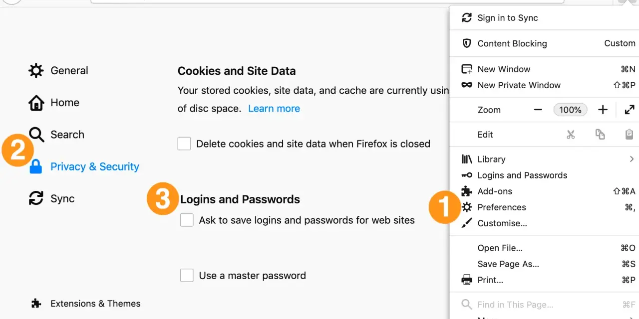 Ustawienia Firefoxa: opcje "Logins and Passwords" i "Preferences" są widoczne. Można tu zarządzać hasłami Google i innymi danymi logowania.