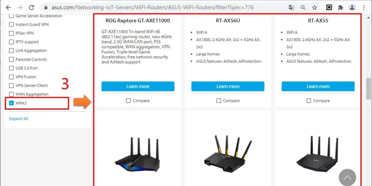 Porównanie routerów z WPA3 i WPA2. Widoczne filtry i modele routerów ASUS.