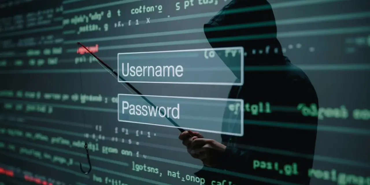 Sylwetka hakera w kapturze celuje wędką z haczykiem w pola logowania "Username" i "Password", symbolizując atak socjotechniczny.