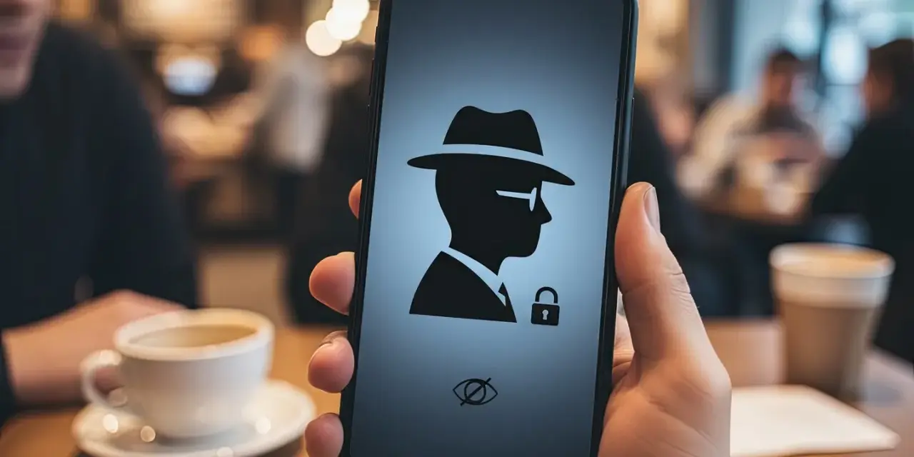 Telefon z ikoną szpiega i kłódką, symbolizującą tryb incognito na telefonie.