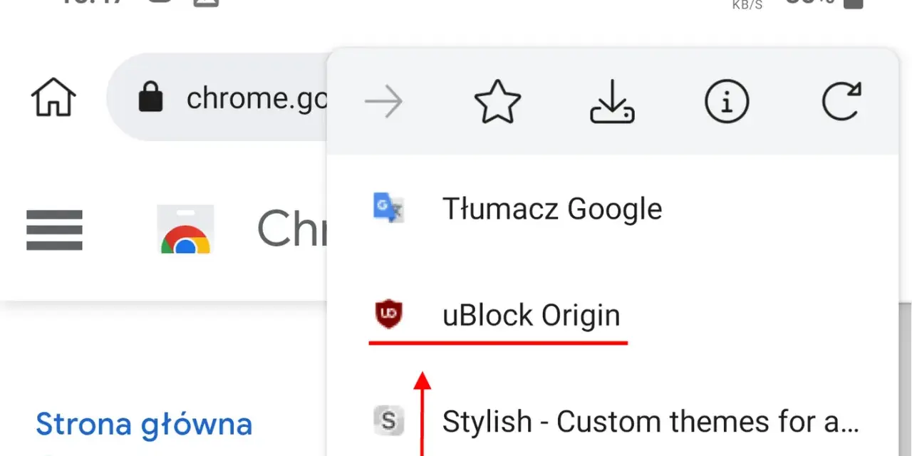 Rozszerzenia Chrome na telefonie: Tłumacz Google, uBlock Origin i Stylish.
