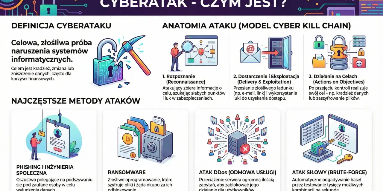 Cyberatak to celowa, złośliwa próba naruszenia systemów informatycznych, często w celu kradzieży danych. Grafika pokazuje jego definicję i metody.