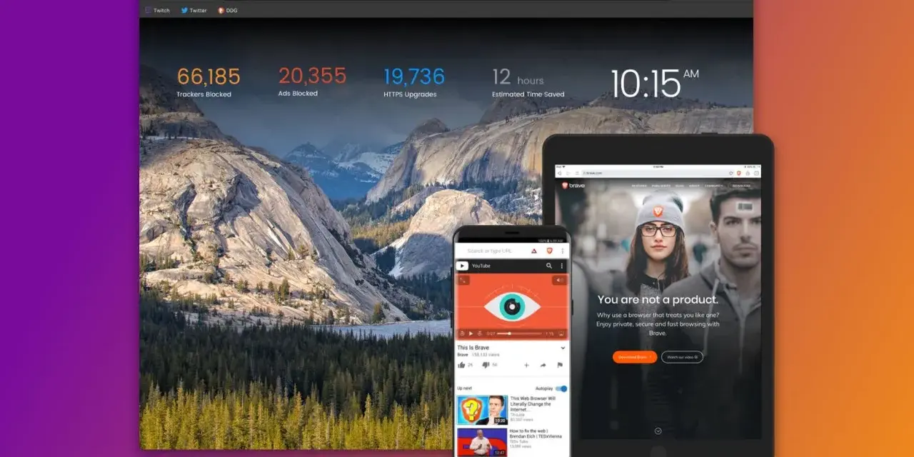 Aplikacja Brave na ekranach komputera, telefonu i tabletu, pokazująca statystyki blokowania reklam i trackerów.