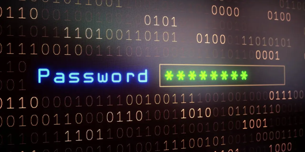 Cyfrowy świat, gdzie "Password" świeci na niebiesko, a gwiazdki symbolizują siłę hasła. Tło to strumień zer i jedynek.