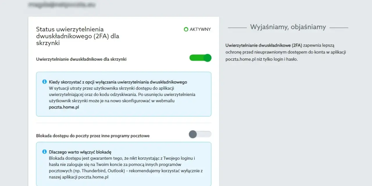 Ustawienia uwierzytelniania dwuskładnikowego (2FA) dla skrzynki pocztowej. Aktywna ochrona konta.