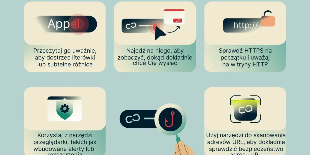 Przykłady phishingu: uważnie czytaj linki, sprawdzaj HTTPS, używaj narzędzi przeglądarki i skanerów URL.