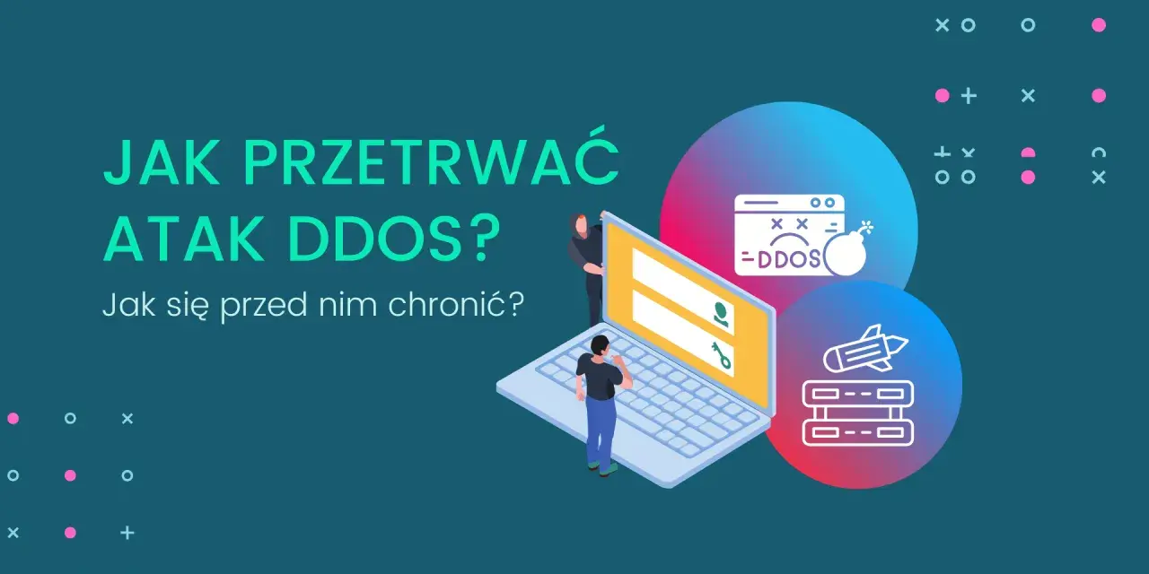 Grafika ilustruje, jak przetrwać atak DDoS. Widzimy laptop z ikoną bomby i napisem "-DDOS", symbolizującą zagrożenie.