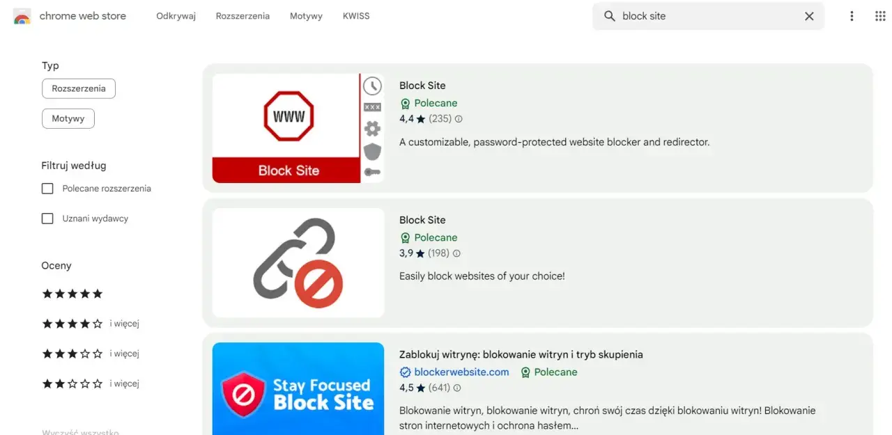 Szukasz sposobu, jak zablokować stronę internetową? W Chrome Web Store znajdziesz rozszerzenia "Block Site", które pomogą Ci w tym.