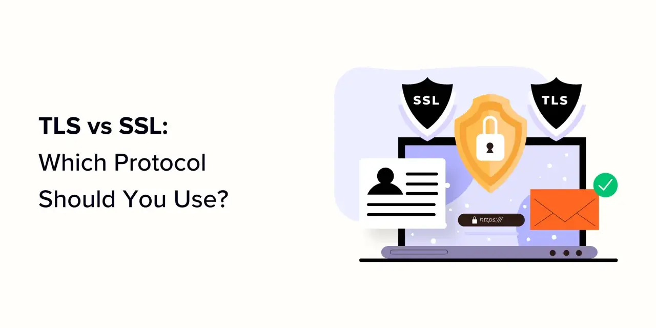 Ilustracja porównująca protokoły SSL i TLS, pokazująca ikony bezpieczeństwa, dane użytkownika i bezpieczne połączenie HTTPS.