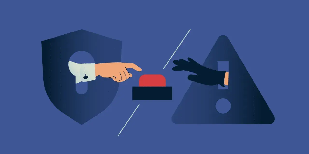 Ręka w białej koszuli naciska czerwony przycisk, podczas gdy ręka w czarnej rękawiczce próbuje go powstrzymać. Symbolizuje to walkę z atakami typu ip ddos.