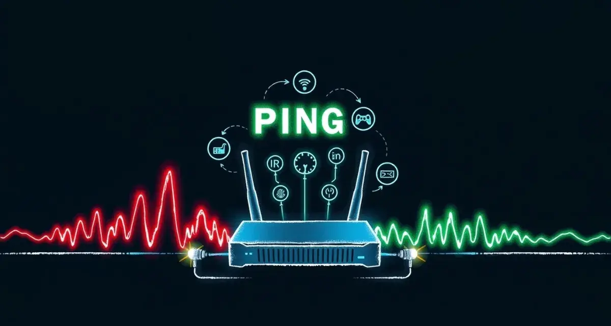 Router z ikonami symbolizującymi różne aktywności online, otoczony wykresami sygnału. Słowo "PING" świeci na zielono, sugerując szybkość połączenia.