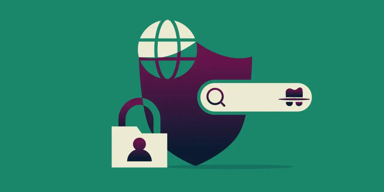Ilustracja pokazuje, jak używać VPN: globus, tarcza, kłódka i pasek wyszukiwania z ikoną detektywa symbolizują bezpieczeństwo online.