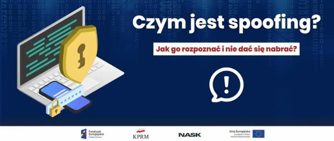 Ilustracja przedstawia laptopa z tarczą i kluczem, symbolizując bezpieczeństwo. Obok znajduje się smartfon z hasłem i kłódką, nawiązując do zagrożeń, takich jak ip spoofing.