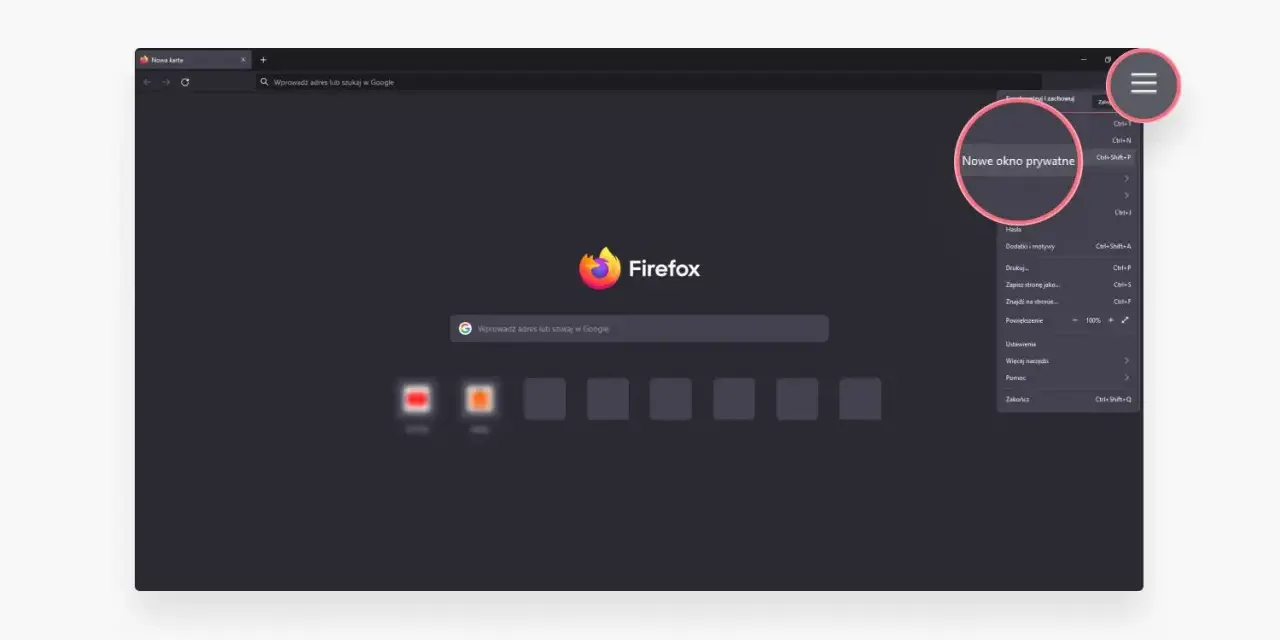 Otwieranie nowego okna prywatnego w trybie incognito Firefox.