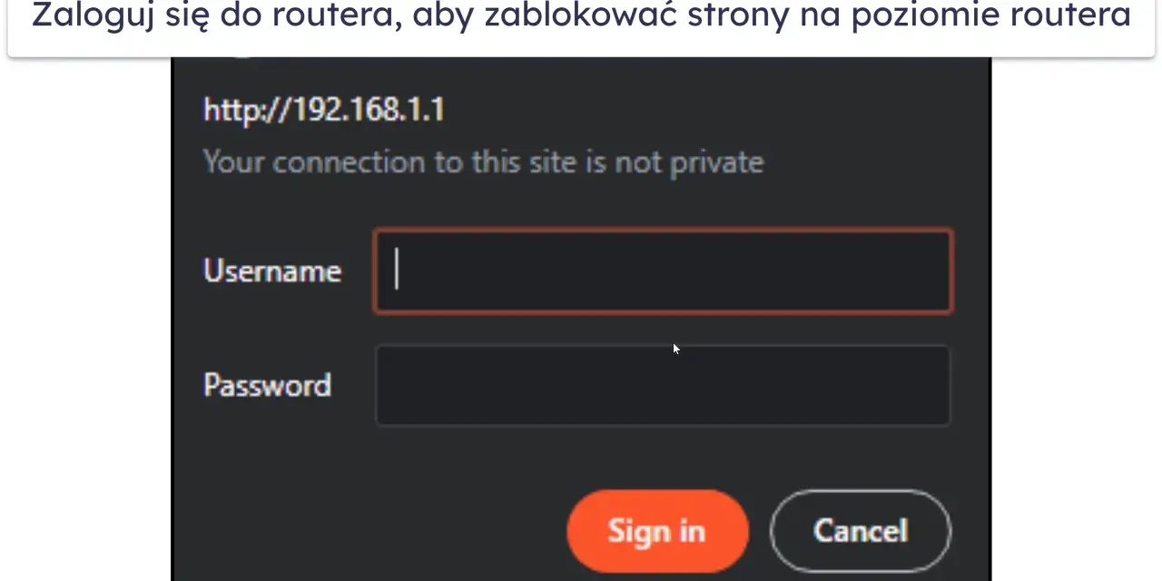 Zaloguj się do routera, aby zablokować strony. Ekran logowania do routera z polami Username i Password.