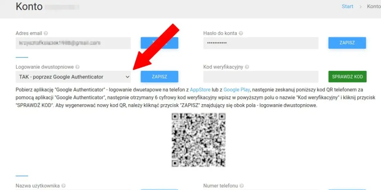 Ustawienia dwuetapowe konta Fakturowo. Jak odzyskać dostęp? Skonfiguruj Google Authenticator, zeskanuj kod QR i wpisz kod weryfikacyjny.