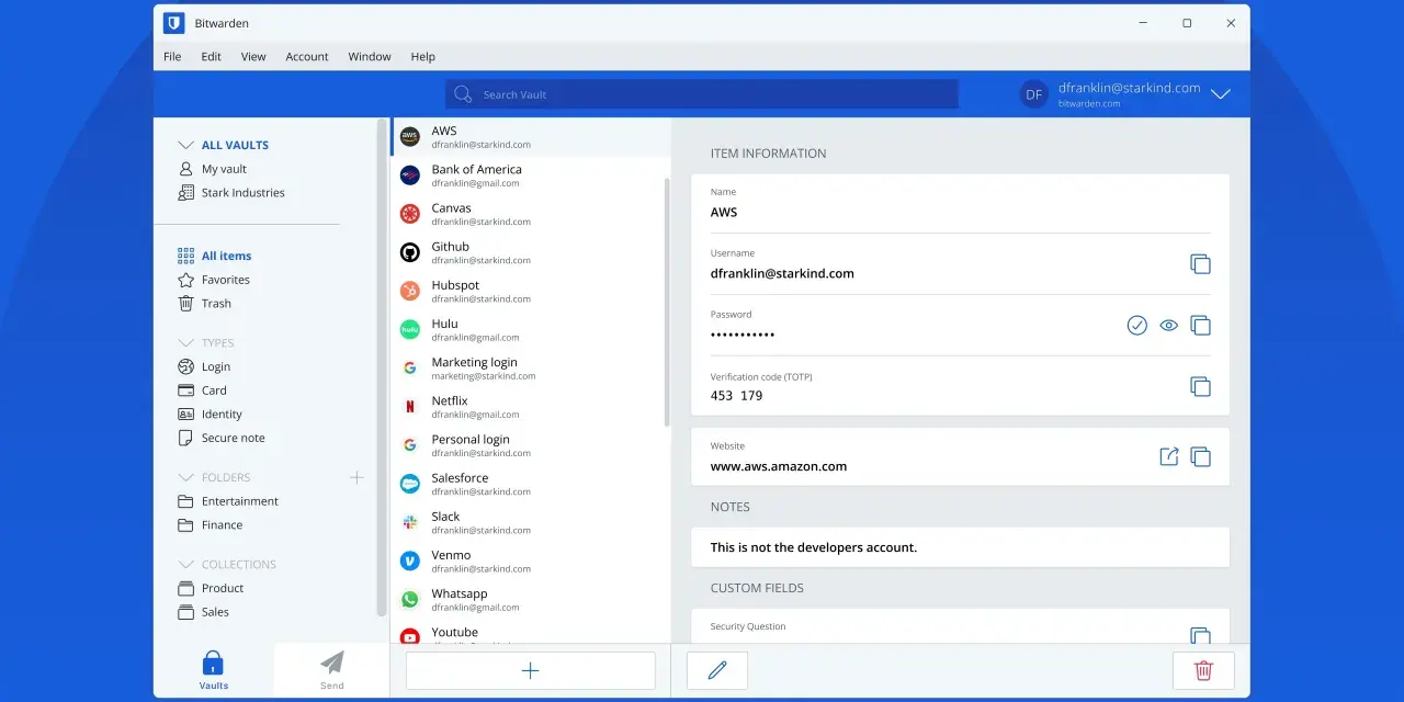 Bitwarden – darmowy menedżer haseł, gdzie przechowujesz dane logowania do AWS, Github i innych.