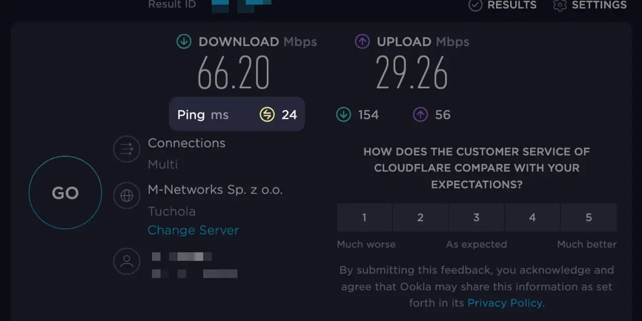 Wynik testu prędkości internetu: ping 24 ms, pobieranie 66.20 Mbps, wysyłanie 29.26 Mbps. Jak sprawdzić ping?