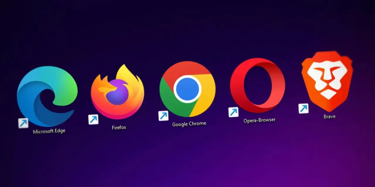 Ikony popularnych rodzajów przeglądarek internetowych: Microsoft Edge, Firefox, Google Chrome, Opera i Brave.