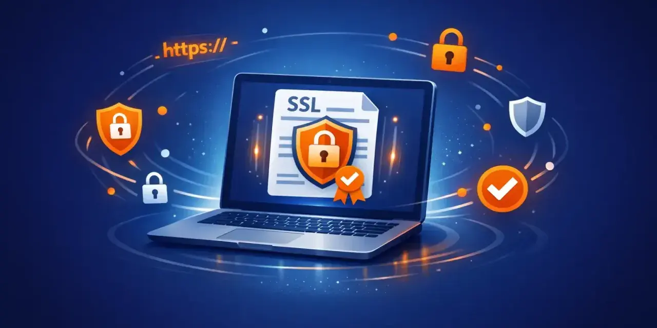 Laptop z dokumentem SSL i ikonami blokady, tarcz i potwierdzenia. Symbolizuje bezpieczeństwo online i protokół **SSL TLS**.