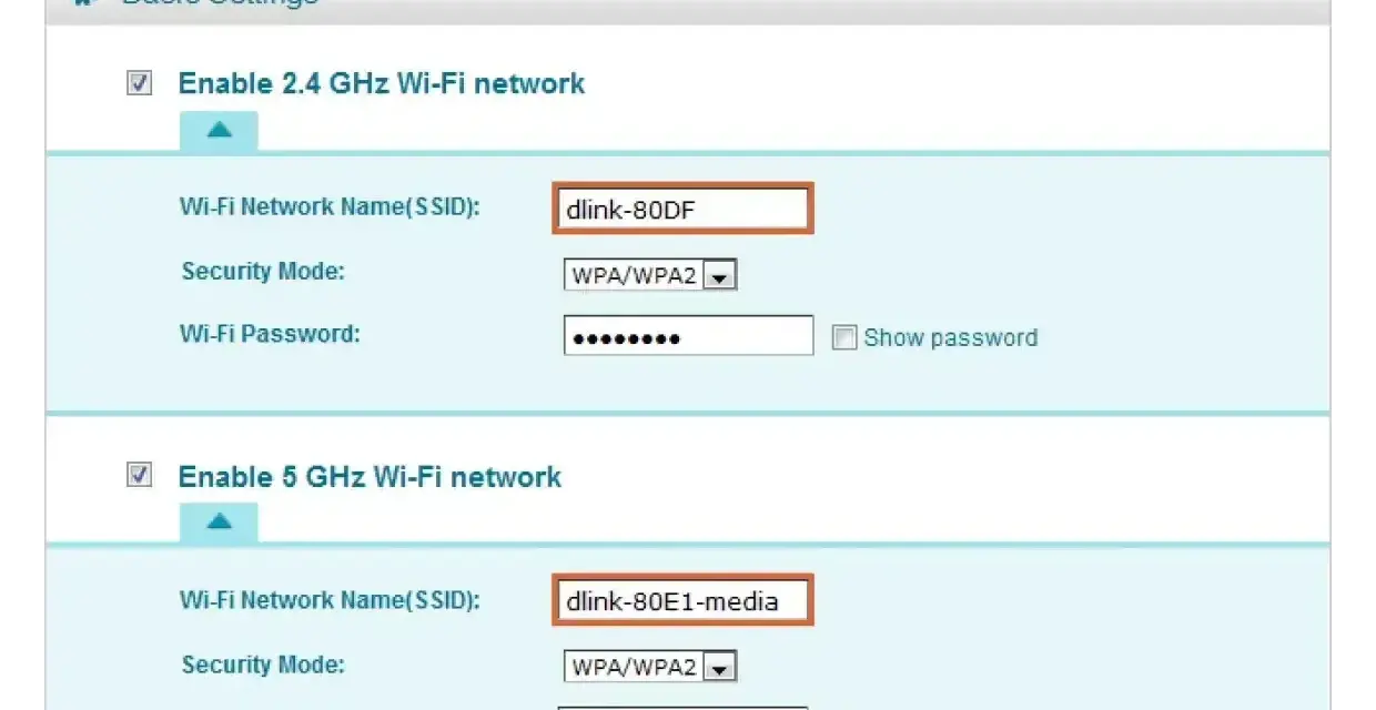 Ustawienia sieci Wi-Fi: nazwy SSID, tryby bezpieczeństwa i hasła dla pasm 2.4 GHz i 5 GHz.
