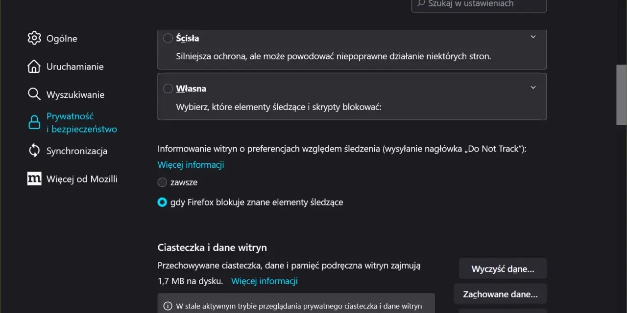 Ustawienia prywatności Firefoksa. Sekcja "Ciasteczka i dane witryn" pokazuje, jak wyczyścić pliki cookies Firefox, dane i pamięć podręczną.