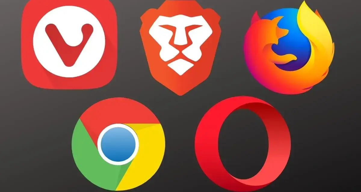 Ikony popularnych przeglądarek internetowych: Vivaldi, Brave, Firefox, Chrome, Opera. Wybierz najlepsze przeglądarki internetowe dla siebie.