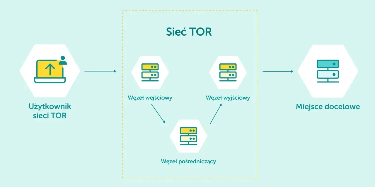 Schemat sieci TOR: użytkownik łączy się przez węzeł wejściowy, pośredniczący i wyjściowy, by uzyskać dostęp do celu, co zapewnia anonimowość w dark internet.