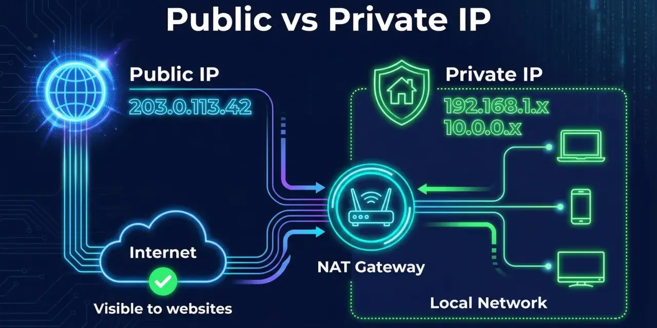 Ilustracja pokazuje, jak sprawdzić IP internetu: publiczne IP jest widoczne dla stron, prywatne IP jest w sieci lokalnej za NAT Gateway.