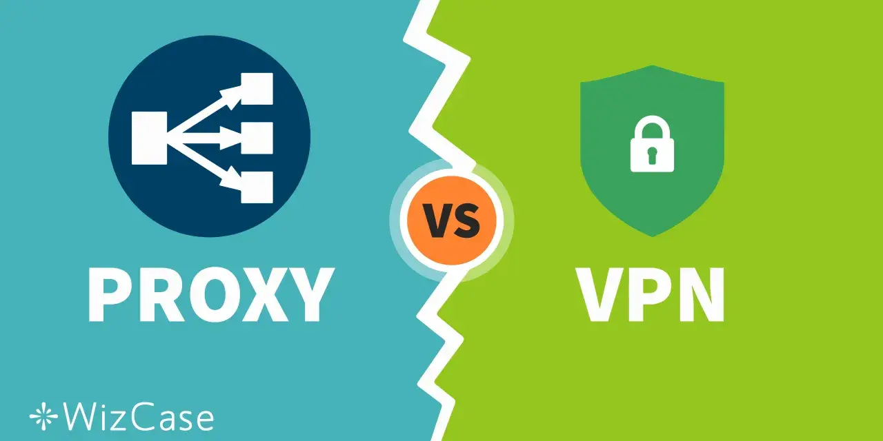 Porównanie różnych rodzajów VPN: Proxy vs VPN. Ikona przekierowania ruchu vs ikona tarczy z kłódką.