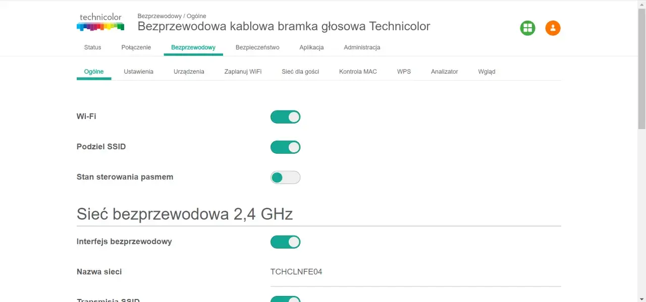 Konfiguracja technicolor routera: włączanie Wi-Fi, podział SSID i zarządzanie pasmem 2,4 GHz.